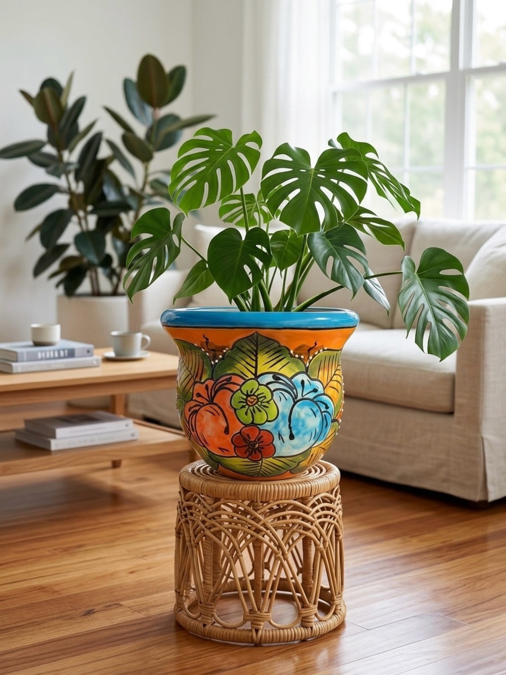 Mexican Talavera Plant Pot with Drainage Hole, 10" Hand Painted Ceramic Planter